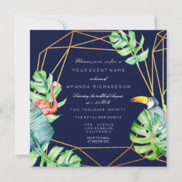 Gold Frame Monstero Flamingo Tropical Bridal Navy Einladung