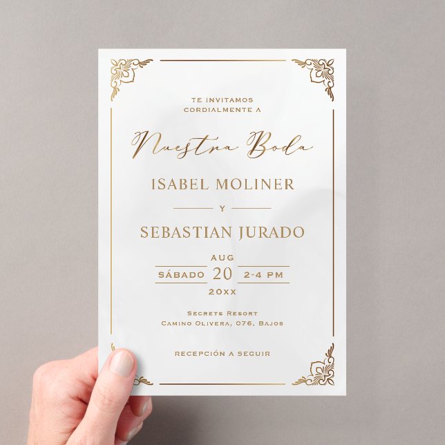 Gold Frame Motif Nuestra Boda Spanish Wedding Acryleinladungen (Insitu (Handheld))