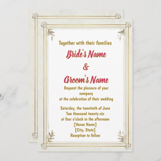 Gold Frame Pearl Floral Wedding Invitation (Devant / Derrière)