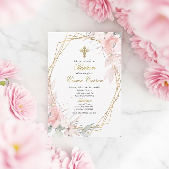 Gold frame pink blush floral baptism einladung (Von Creator hochgeladen)