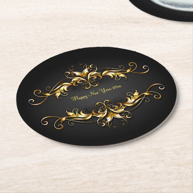 Gold Frame Scroll Frohes Neues Jahr 20xx Text Runder Pappuntersetzer (Angewinkelt)