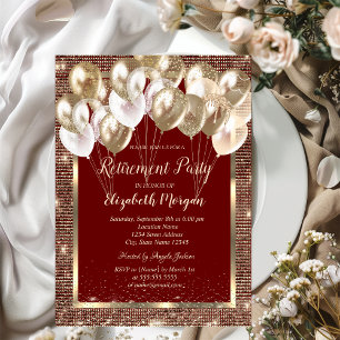 Gold Frame Sequins Balloons Red Retirement Einladung