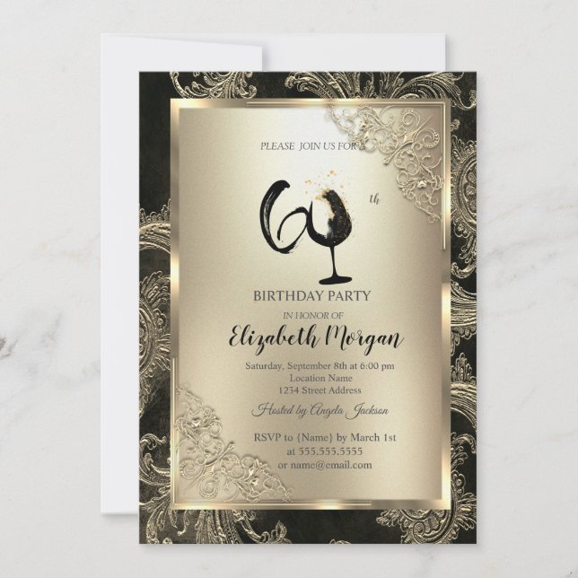 Gold Frame Wine Glass Floral Damask 60th Birthday  Einladung (Vorderseite)
