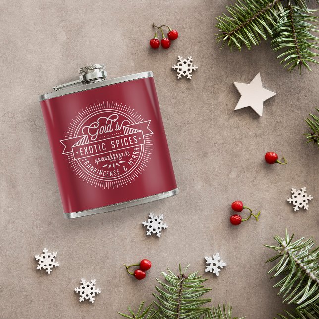 Gold Frankincense und Myrrh Vintage Weihnachtslogo Flachmann (Von Creator hochgeladen)