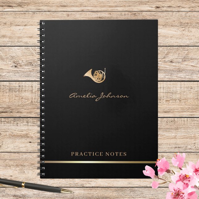 Gold French Horn Elegante Script Stilvolle Musiker Notizblock (Von Creator hochgeladen)