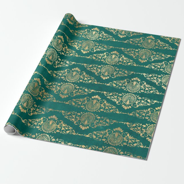 Gold-Friedhöfe und Filigree auf Grün Geschenkpapier (Ungerollt)