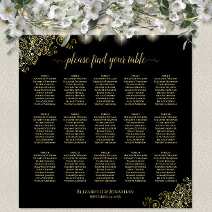 Gold Frills 15 Table Wedding Seating Chart Black Poster