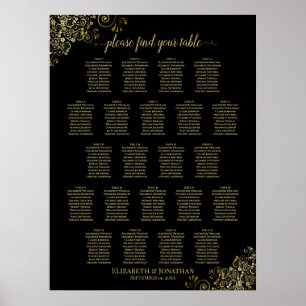 Gold Frills 22 Table Wedding Seating Chart Black Poster
