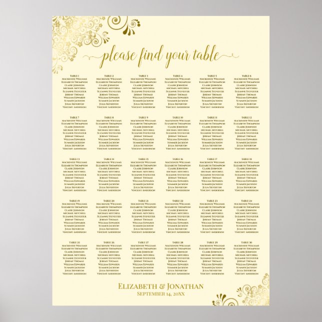 Gold Frills 30 Table Wedding Seating Chart Cream Poster (Vorne)