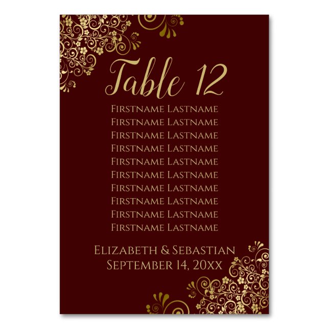 Gold Frills Auburn Brown Wedding Seating Chart Tischnummer (Vorderseite)