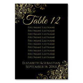 Gold Frills auf Black Elegant Wedding Seating Char Tischnummer