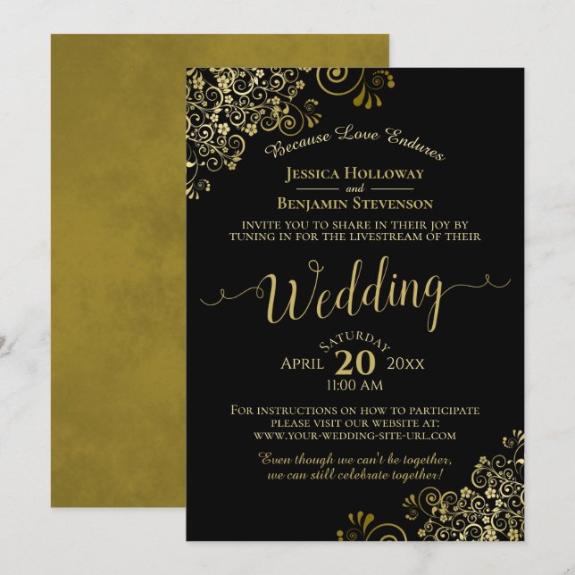 Gold Frills Black Virtual Wedding Livestream Einladung (Vorne/Hinten)