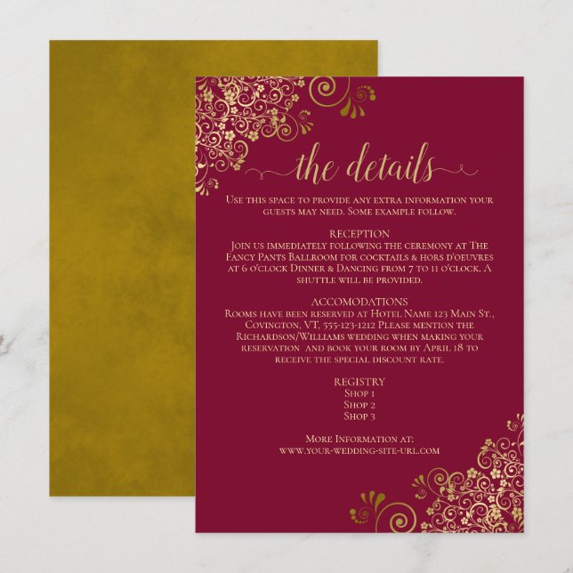 Gold Frills Burgundy Maroon Wedding Details Begleitkarte (Vorne/Hinten)