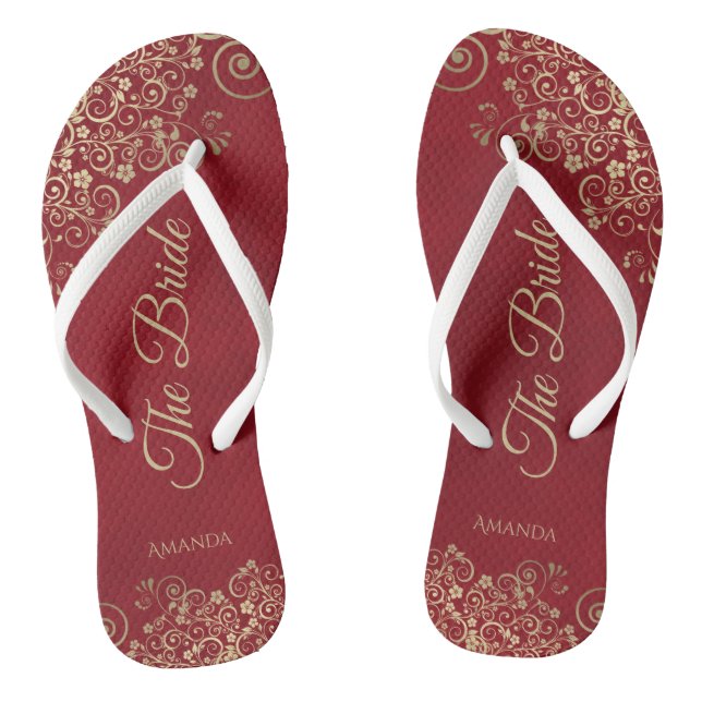 Gold Frills Crimson Red Elegante Die Braut Hochzei Flip Flops (Fußbett)