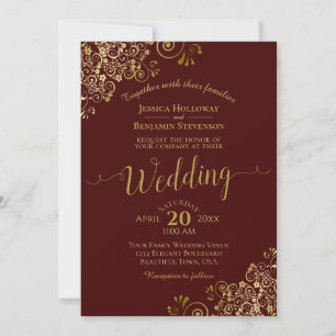 Gold Frills Elegant Auburn Brown Wedding Einladung