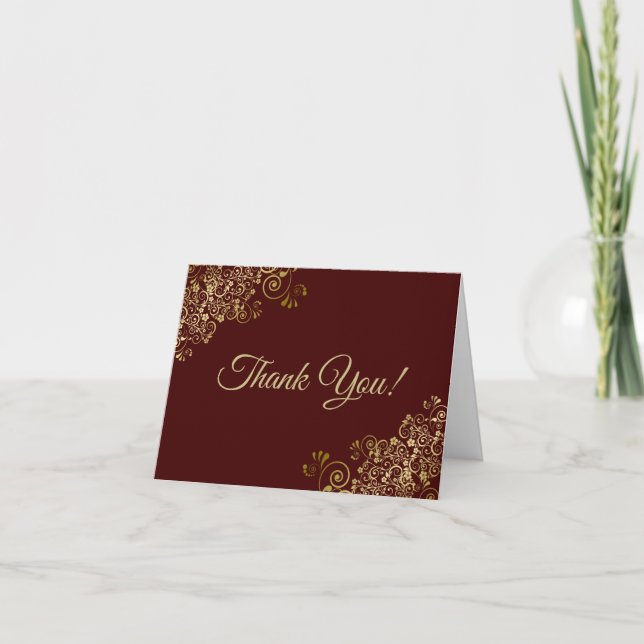 Gold Frills Elegant Auburn Brown Wedding Foto Dankeskarte (Vorderseite)
