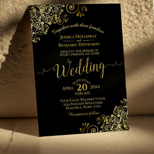 Gold Frills Elegant Black Wedding Einladung