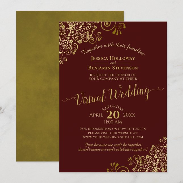 Gold Frills Elegant Burgundy Virtual Wedding Einladung (Vorne/Hinten)