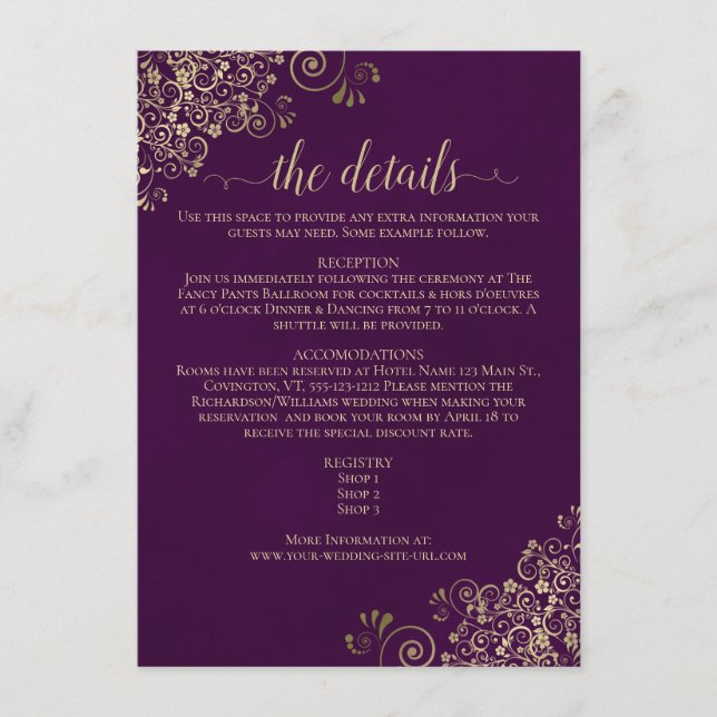 Gold Frills Elegant Plum Lila Hochzeitdetails Begleitkarte (Vorderseite)