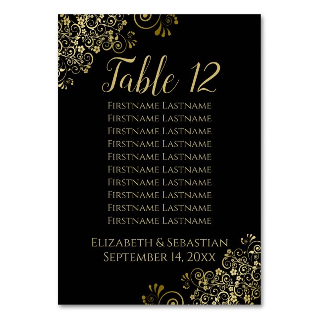 Gold Frills Elegantes Black Wedding Seating Chart Tischnummer (Vorderseite)