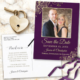 Gold Frills Foto Lila Save the Date Hochzeit Ankündigungspostkarte