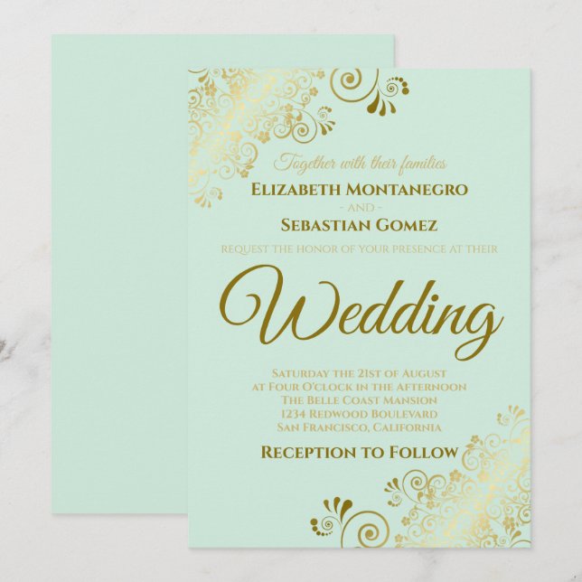 Gold Frills Neo Mint Green Chic Einladung zur Hoch (Vorne/Hinten)