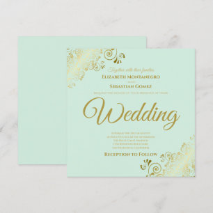 Gold Frills Neo Mint Green Elegant Square Wedding Einladung