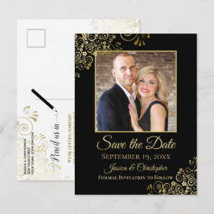 Gold Frills on Black Wedding Save the Date Foto Ankündigungspostkarte