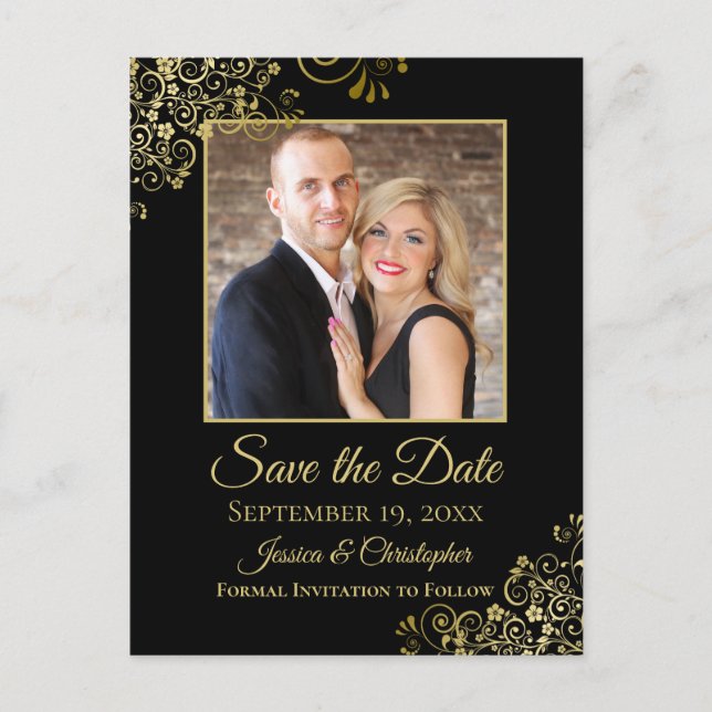 Gold Frills on Black Wedding Save the Date Foto Ankündigungspostkarte (Vorderseite)