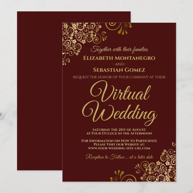Gold Frills on Burgundy Elegant Virtual Wedding Einladung (Vorne/Hinten)