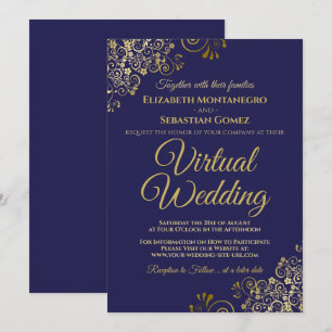 Gold Frills on Navy Blue Elegant Virtual Wedding Einladung