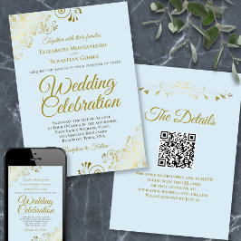 Gold Frills on Powder Blue Elegant QR Code Wedding Einladung