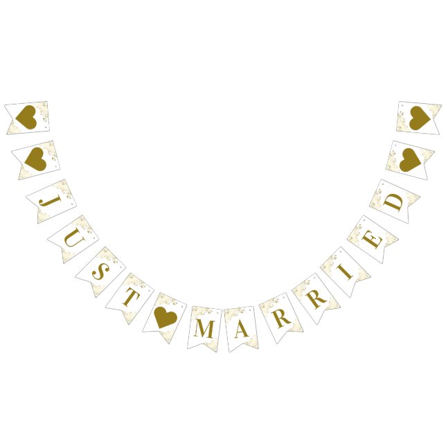 Gold Frills on White Just Married Newlyweds Wimpelkette (Alle)