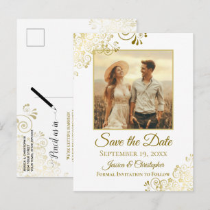 Gold Frills on White Wedding Save the Date Foto Ankündigungspostkarte