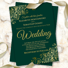 Gold Frills Simple Chic Emerald Green Wedding Einladung