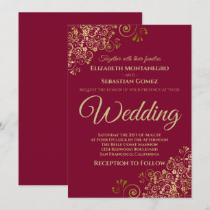 Gold Frills Simple Chic Maroon Burgundy Wedding Einladung