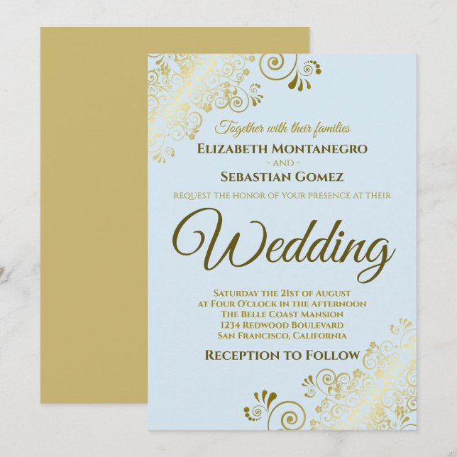 Gold Frills Simple Chic Powder Blue Wedding Einladung (Vorne/Hinten)