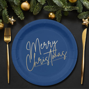 Gold Frohe Weihnachten auf Blue Pappteller