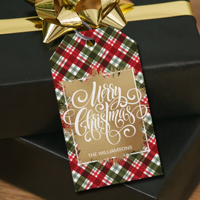 Gold Frohe Weihnachten auf Karierten Geschenketike Geschenkanhänger (Von Creator hochgeladen)