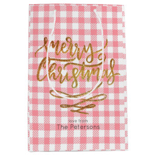 Gold Frohe Weihnachten auf Pink Gingham Kariert Mittlere Geschenktüte