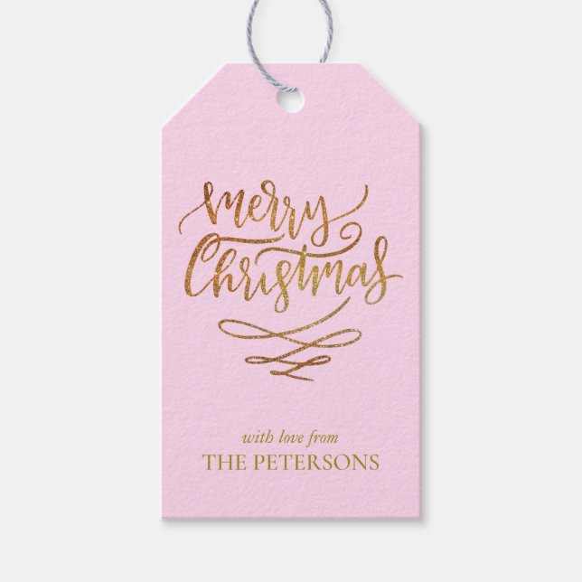 Gold Frohe Weihnachten auf Rosa mit Weihnachtsbaum Geschenkanhänger (Vorderseite)