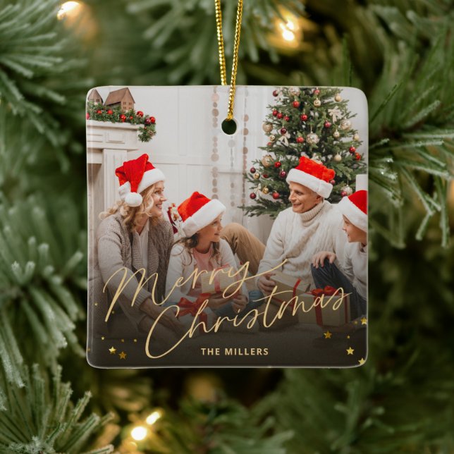 Gold Frohe Weihnachten Familienurlaub Foto Karte Keramikornament (Baum)