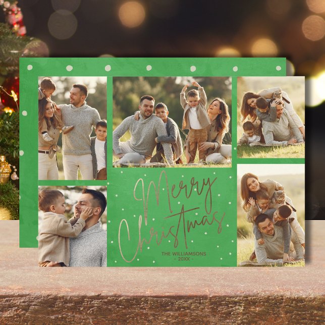 Gold Frohe Weihnachten Fünf Foto Grün (Gold faux foil Merry Christmas five photos flat green holiday cards with your greeting on the back)