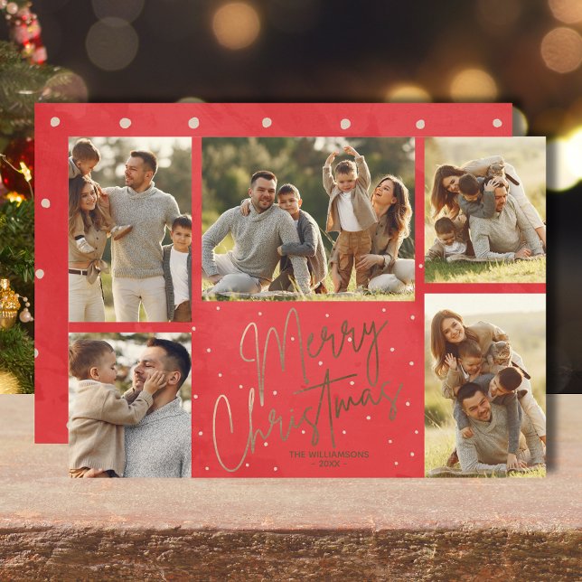 Gold Frohe Weihnachten Fünf Foto Red (Gold faux foil Merry Christmas five photos flat red holiday cards with your greeting on the back)