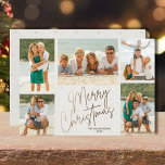 Gold Frohe Weihnachten fünf Fotos<br><div class="desc">Weihnachtskarten mit mehreren Fotos tragen Ihre Namen und die Worte Frohe Weihnachten in schicken goldenen Schriften auf weißem Hintergrund. Laden Sie einfach Ihre Lieblings-Fotos hoch und fügen Sie Ihre Familienpersonalisierung auf der Rückseite hinzu. Wählen Sie High Definition für beste Foto-Qualität.</div>