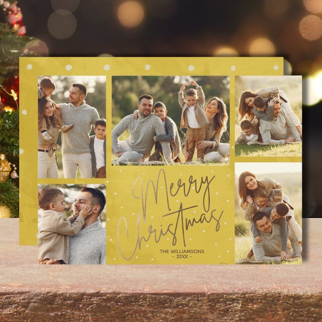 Gold Frohe Weihnachten Fünf Fotos Weihnachtskarte (Gold faux foil Merry Christmas five photos flat gold holiday cards with your greeting on the back)