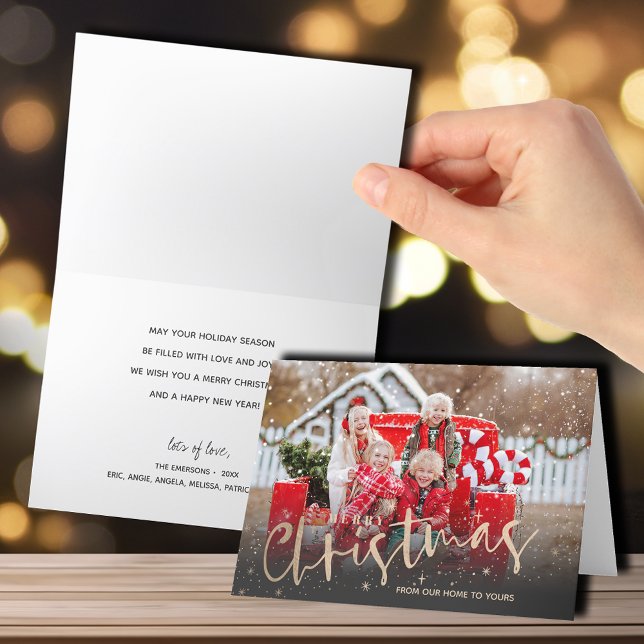 Gold Frohe Weihnachten geklapptes Foto (Gold Merry Christmas script folded photo holiday cards)