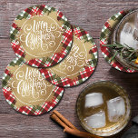 Gold Frohe Weihnachten Kariert Runder Pappuntersetzer<br><div class="desc">Frohe Weihnachten in schicken weißen Buchstaben auf einem Splash von Imitaten goldenen Folie,  diese runden Untersetzer haben einen Hintergrund von rot,  grün und weiß Urlaub kariert und sind mit Ihrem Namen personalisiert. PASSENDE Teller,  Servietten und mehr in unserem Geschäft.</div>