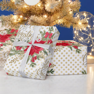 Gold Frohe Weihnachten Red Poinsettia Geschenkpapier