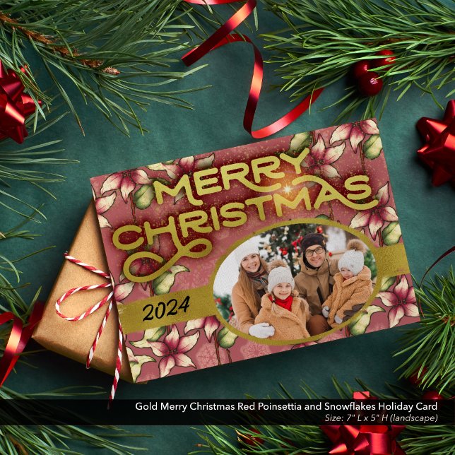 Gold Frohe Weihnachten Red Poinsettia und Schneefl (Gold Lettering Merry Christmas Photo Card with Red Poinsettias and Snowflakes)